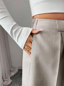 SHEIN Elenzya Women's Casual Everyday Office Commute Minimalist Solid Color Pleated Loose Wide Leg Pants, Belt Not Included - Grey - View 6