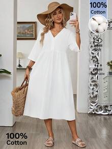 Faunlyn Women's Solid Color Minimalist Modest V-Neck Long Sleeve Dress, Casual Everyday Wear Holiday Vacation White Summer Cotton And Linen Dresses - White - View 8