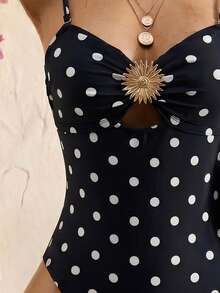 Bonvoyette 1pc Women's One-Piece Swimsuit,Navy Blue Polka Dot,Summer,Tropical,Holiday,Vacation,Holiday,Cutout Front Spaghetti Strap,Metal Decor,Bathing Suits - Black - View 5