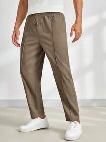 HIMLAND Men's Solid Color Elastic Waist Casual Tapered Pants, For Fall, Vacation, Father's Day Gifts - Coffee Brown - View 5