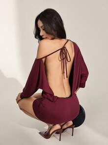 SHEIN PETITE Women's Sexy Solid Color Asymmetric Neck Backless Mini Dress - Burgundy - View 9
