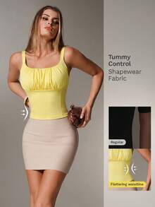 Nuvra Women's Double-Layer Ruched Bust Crop Top With Square Neck, Sleeveless Camisole Bodycon Waist Shaper - Light Yellow - View 1