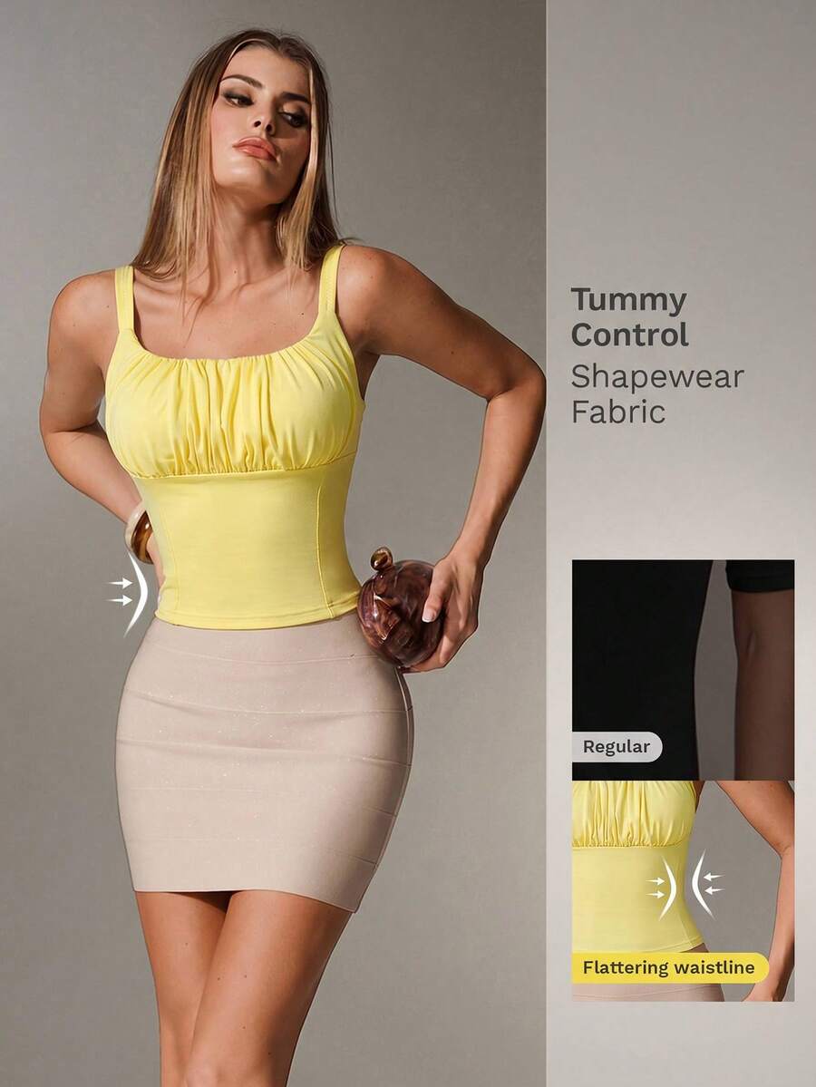 Nuvra Women's Double-Layer Ruched Bust Crop Top With Square Neck, Sleeveless Camisole Bodycon Waist Shaper - Light Yellow - View 1