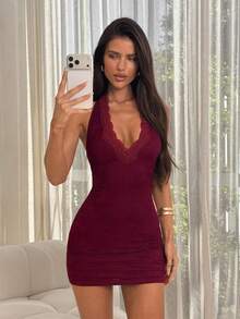 SHEIN ICON 女士蕾丝边V领露背迷你连衣裙，春夏度假装 - 紫色 - 查看 3