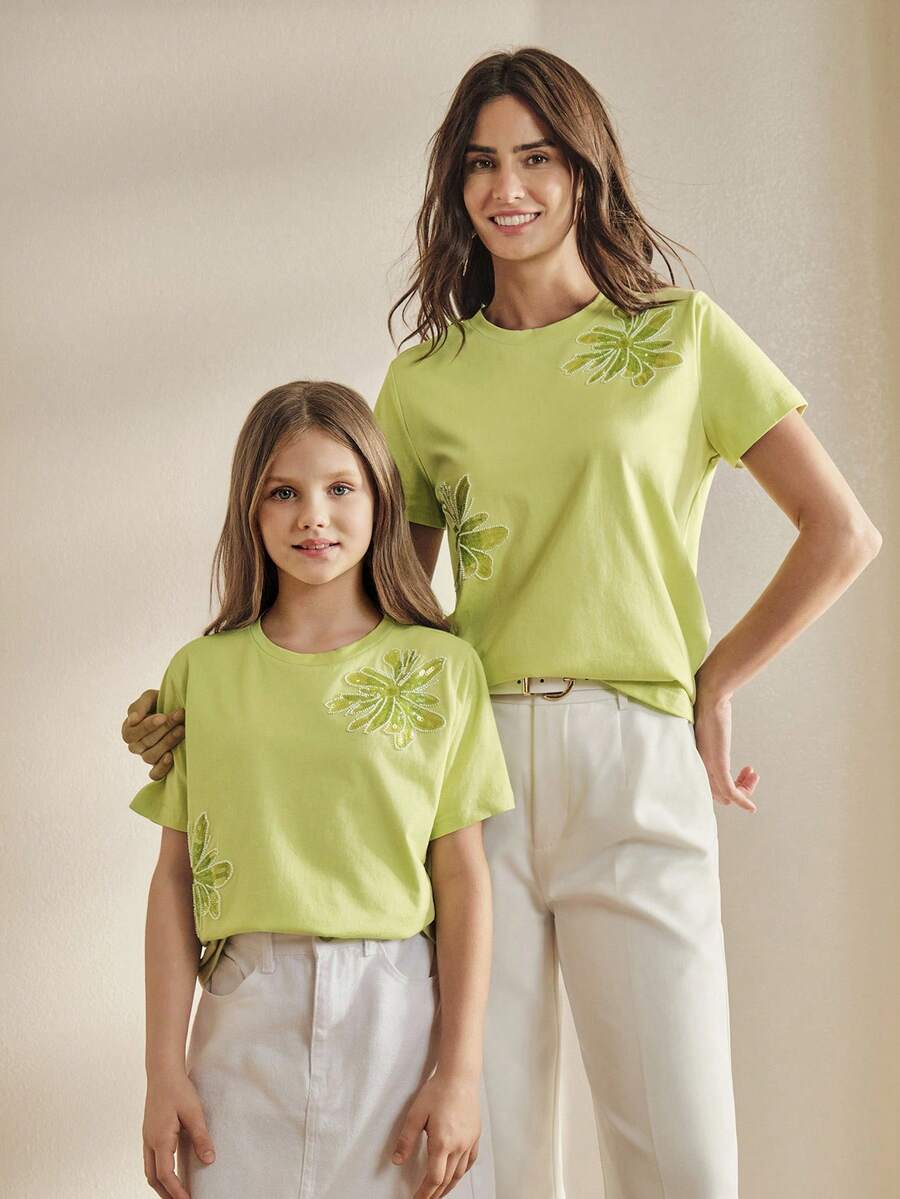 Anewsta Girls' Sequin Embroidered Green Top, Summer T-Shirt - Mint Green - View 1
