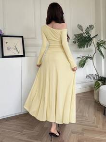 Feyla Vestido elegante de mujer con decoración floral 3D de unicolor - Amarillo - Ver 5