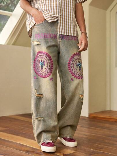 Open Phase 1pc Men's Y2K Style Thick Denim Loose Jeans, Letter Graffiti Print Distressed Design, Hip Hop Skateboard Street Style, Casual Daily Street Wear, Multiple Sizes (Belt And Accessories Not Included)