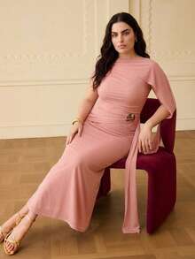ZEYLAH Elegant Ruched Off-Shoulder Fitted Long Dress, Spring/Summer - Pink - View 4