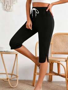 EMERY ROSE Women's Summer Vacation Casual Coconut Tree Print Capri Pants, Black Capri Pants Women Capris For Women Knee Length Pants For Women Zumba Pants Quarter Pants For Women - Black - View 5