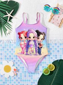 Young Girls' Colorful Ombre, K-Pop Superstars Cartoon Girl Group Print One-Piece Swimsuit, Suitable For Summer - Multicolor - View 1