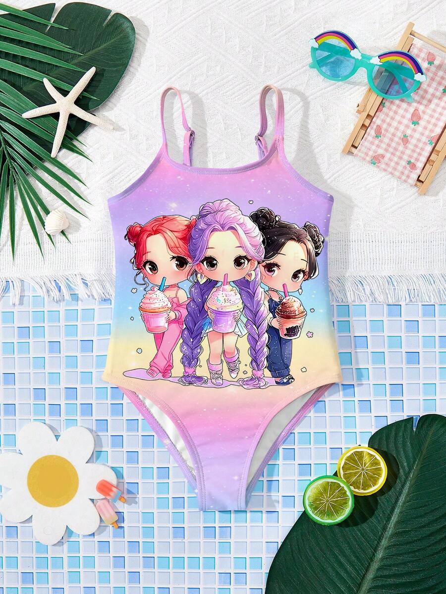 Young Girls' Colorful Ombre, K-Pop Superstars Cartoon Girl Group Print One-Piece Swimsuit, Suitable For Summer - Multicolor - View 1