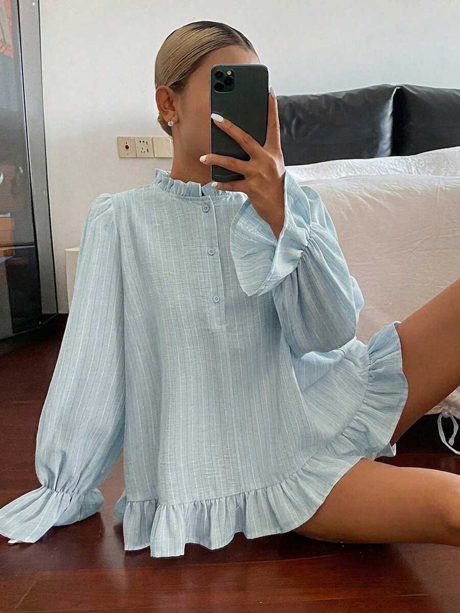 DAZY 条纹宽松长袖蕾丝边休闲度假夏季女式衬衫 - 綠色 - 查看 1