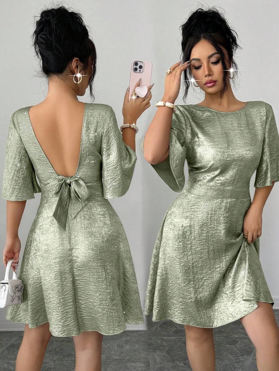 SHEIN Raffinéa Đầm nữ thanh lịch, nhẹ nhàng, thích hợp mặc ngoài trời hoặc hẹn hò, thiết kế hở lưng, buộc dây, tay bồng, eo thắt, dáng ngắn, thích hợp cho mùa xuân/hè. - màu xanh lá - Xem 1
