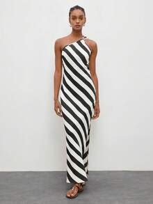 Maija Women's Sexy Contrast Stripe Print Backless Dress, Suitable For Beach, Vacation,Dresses For Women Summer - Black and White - View 5
