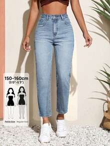 SHEIN PETITE Women's Solid Color Minimalist Everyday Jeans ,Petite Women - Blue - View 1