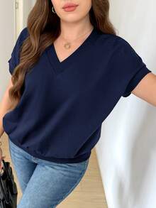 SHEIN LUNE 大码女式V领蝙蝠袖短袖休闲上衣 - 藏蓝色 - 查看 7