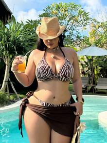 SHEIN Swim SXY Bộ bikini tam giác in họa tiết mới năm 2026 dành cho nữ, kiểu buộc dây cổ, thích hợp mặc đi biển. - màu nâu - Xem 3