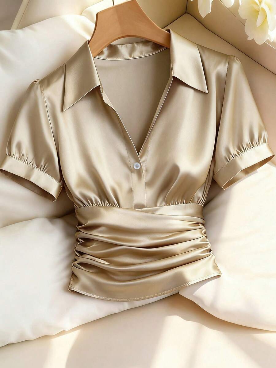 SHEIN Franclia 女款優雅通勤純色泡泡袖修身絲綢緞面襯衫,香檳金,夏季,優雅,職場金襯衫緞面女式襯衫 - 卡其色 - 查看 1
