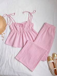 SHEIN Comfortcana Bộ áo hai dây kẻ sọc dệt kim và quần vải lanh dành cho nữ - Hồng - Xem 4