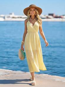 Sylviya Damen lässiges rückenfreies Trägerkleid für den Sommerurlaub - Gelb - Übersicht 2