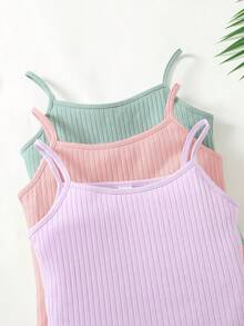 SHEIN 3pcs Tween Girls' Solid Color Knit Camisole Sports Streetwear Set - Multicolor - View 4