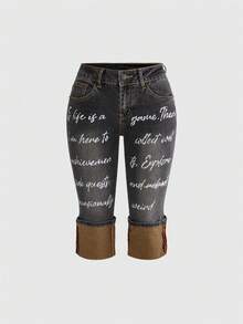 ROMWE Avant Women's Vintage Logo & Slogan Print Color Block Super Low Waist Skinny Capri Length Jeans - Black - View 1