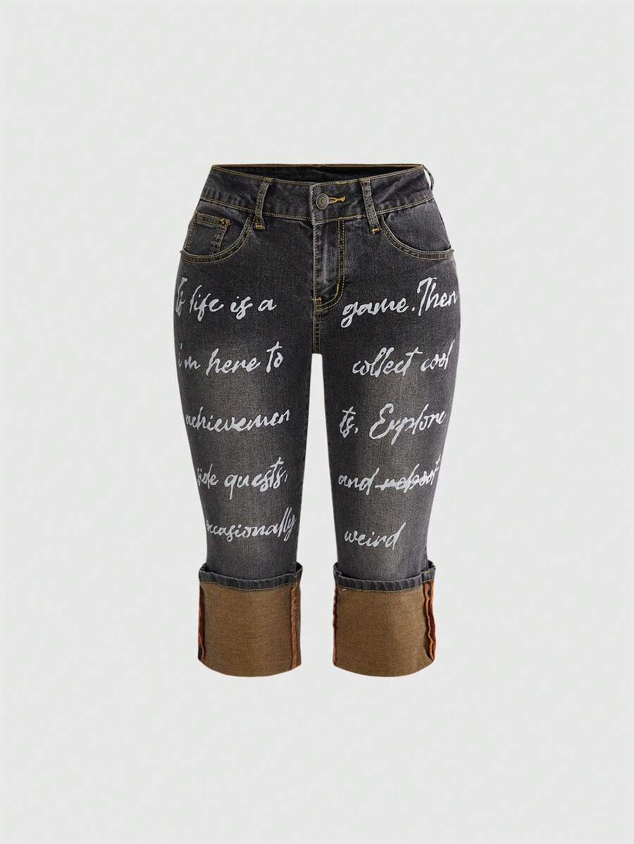 ROMWE Avant Women's Vintage Logo & Slogan Print Color Block Super Low Waist Skinny Capri Length Jeans - Black - View 1