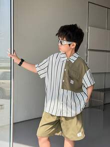 SHEIN Little Byeori 两件套男童舒适日常宽松韩版时尚条纹衬衫搭配撞色短裤套装，适合春夏季节、日常穿着、运动、郊游、上学、聚会、节日、拍照、返校季等场合。 - 綠色 - 查看 7