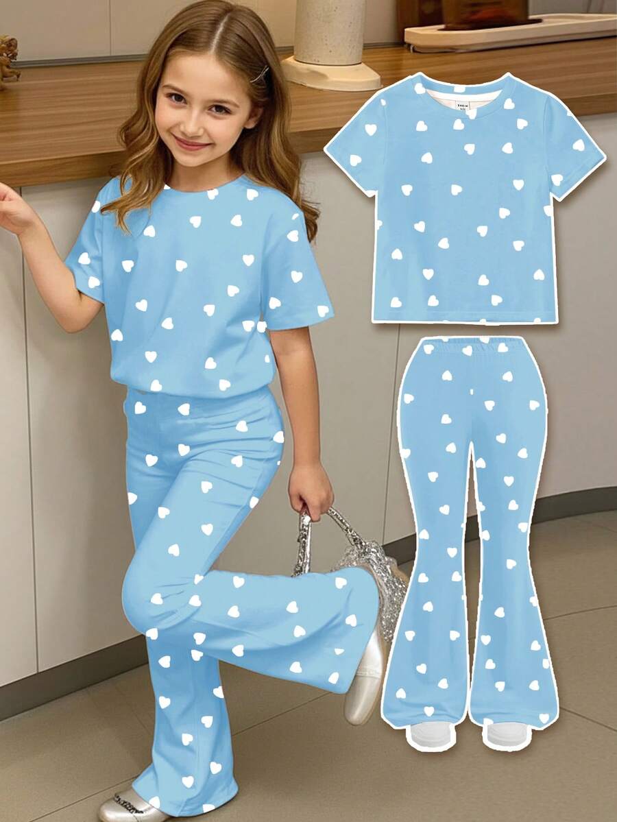 2pcs/Set Young Girl Sweet Heart Print Round Neck Short Sleeve T-Shirt And Flare Pants,Family Matching,Summer,Hippie Style,Music Festival,Vintage - Multicolor - View 1