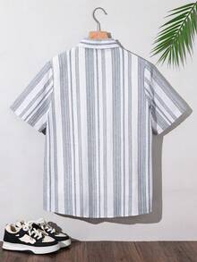 SHEIN 青少年男孩純色單排扣短袖休閒紋理襯衫，學院風，柔軟透氣，白色，夏季，度假，假日，日常穿著 - 彩色 - 查看 3