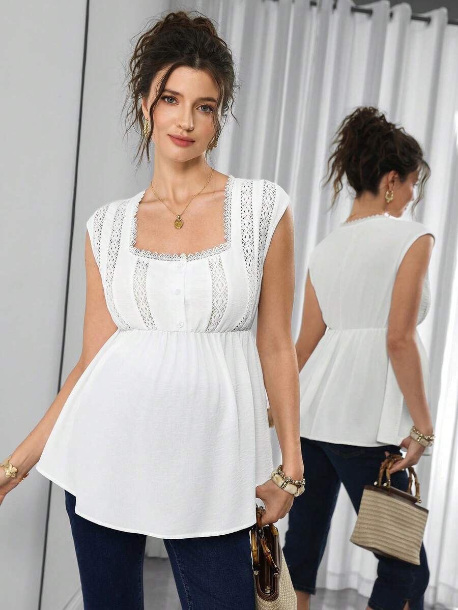 SHEIN White Everyday French Square Collar Lace Patchwork Blouse,Ruffle Hem Fitted Top,Retro Gentle Vibe Commuter For Women,Maternity Photoshoot Summer - White - View 1