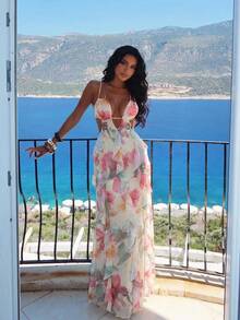 Aloruh Vestido de vacaciones con estampado floral para mujer, vestido elegante con volantes y recortes sexy - Rosa - Ver 6