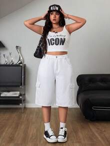 SHEIN ICON 宽松直筒水洗蓝色工装裤，带大口袋 - 白色 - 查看 7