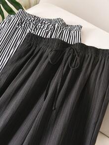 CosyJoli Plus Size Women Casual Curve Textured Chiffon Basic Straight Leg Pants Line Pleated Black Striped Wide-Leg For Formal Loungewear Summer - Multicolor - View 2