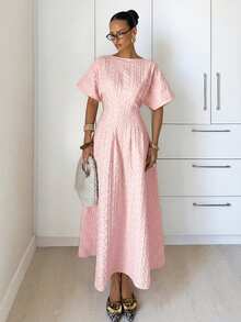 Vestido largo elegante de mujer con cintura ceñida y estampado jacquard, para verano - Rosa Pálido - Ver 3
