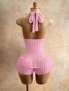 Women's Solid Color Textured Patchwork Ruffle Trim Halter Romper - Pink - View 2