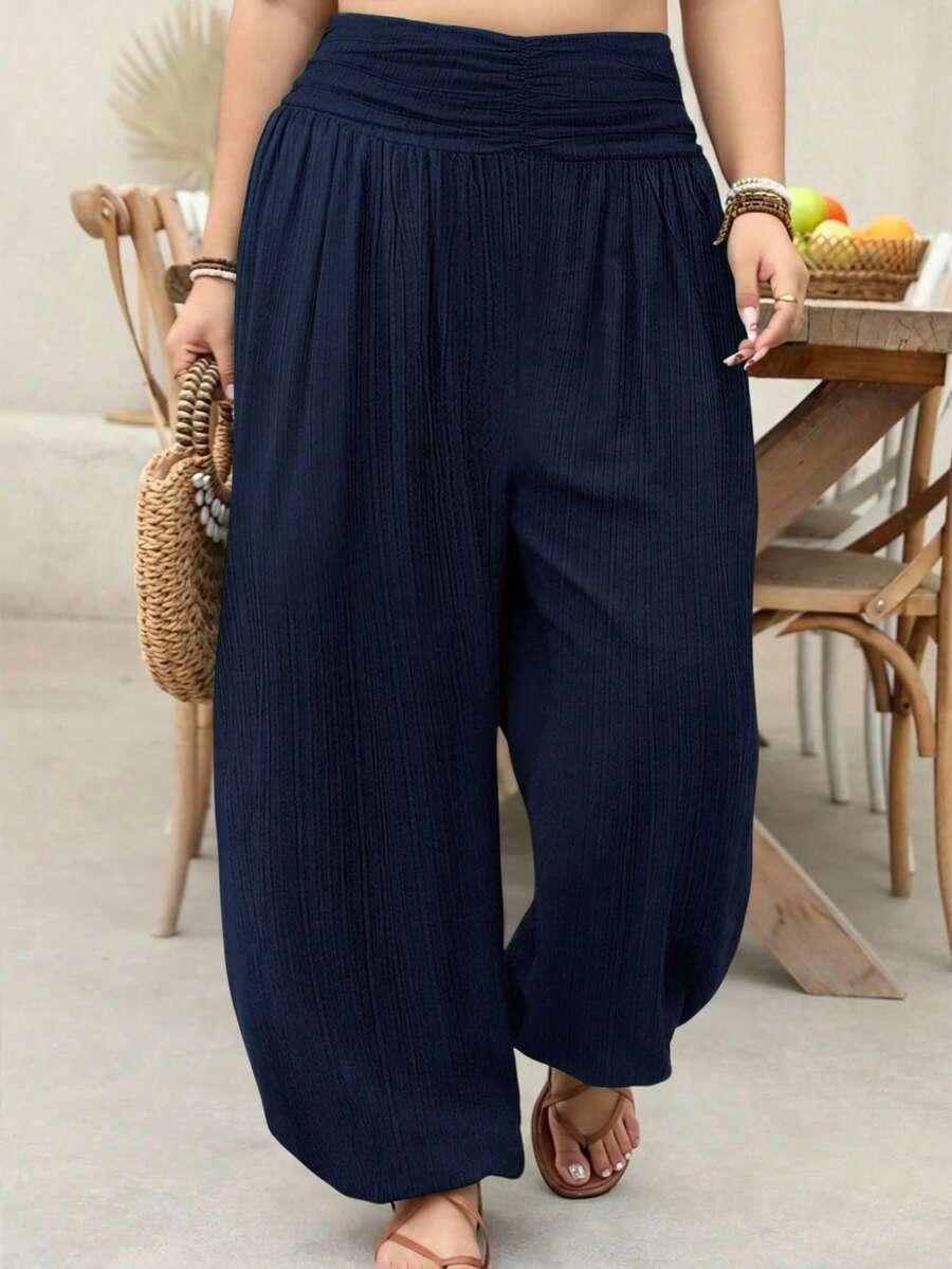 EMERY ROSE Plus Size Solid Color Casual Pleated Loose Beach Vacation Pants Fall - Navy Blue - View 1