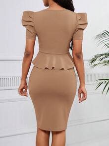 SHEIN Lady 女士纯色 V 领泡泡袖短款上衣和铅笔裙优雅两件套 - 卡其色 - 查看 2