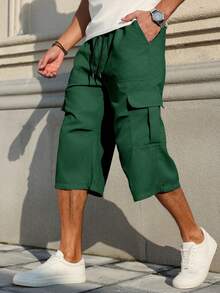 Manfinity Homme Quần cargo nam dáng rộng 7/8 có dây rút eo - màu xanh lá - Xem 4