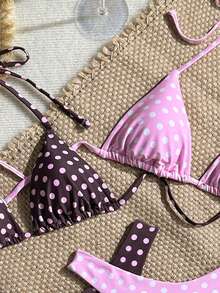 Swim Mod Best Selling Luxury 4-Piece Set, Beach Vacation Accessories Including Necklace, Tie-Up, Polka Dot Print, Perfect For Summer - Coffee Brown - View 4