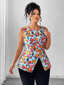 Elenzga Áo kiểu dáng thanh lịch, cỡ lớn, cổ tròn, in hoa, ôm sát, không tay, mở phía trước, áo mùa hè, áo kiểu hoa mùa hè cho nữ, áo đi nghỉ mát sành điệu, trang phục mùa hè cho nữ, áo kiểu thanh lịch cho nữ, áo kiểu thường ngày cho nữ, áo hoa. - Nhiều màu - Xem 8