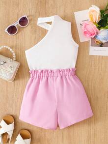 Young Girl Asymmetrical Neck Tank Top & Paperbag Waist Belted Shorts Summer Holiday - Multicolor - View 2