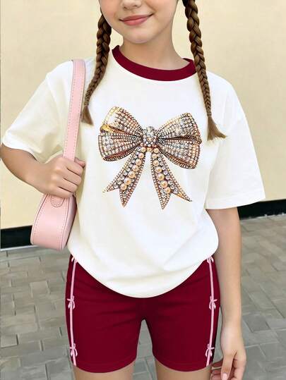两件套少女蝴蝶结印花T恤和短裤套装