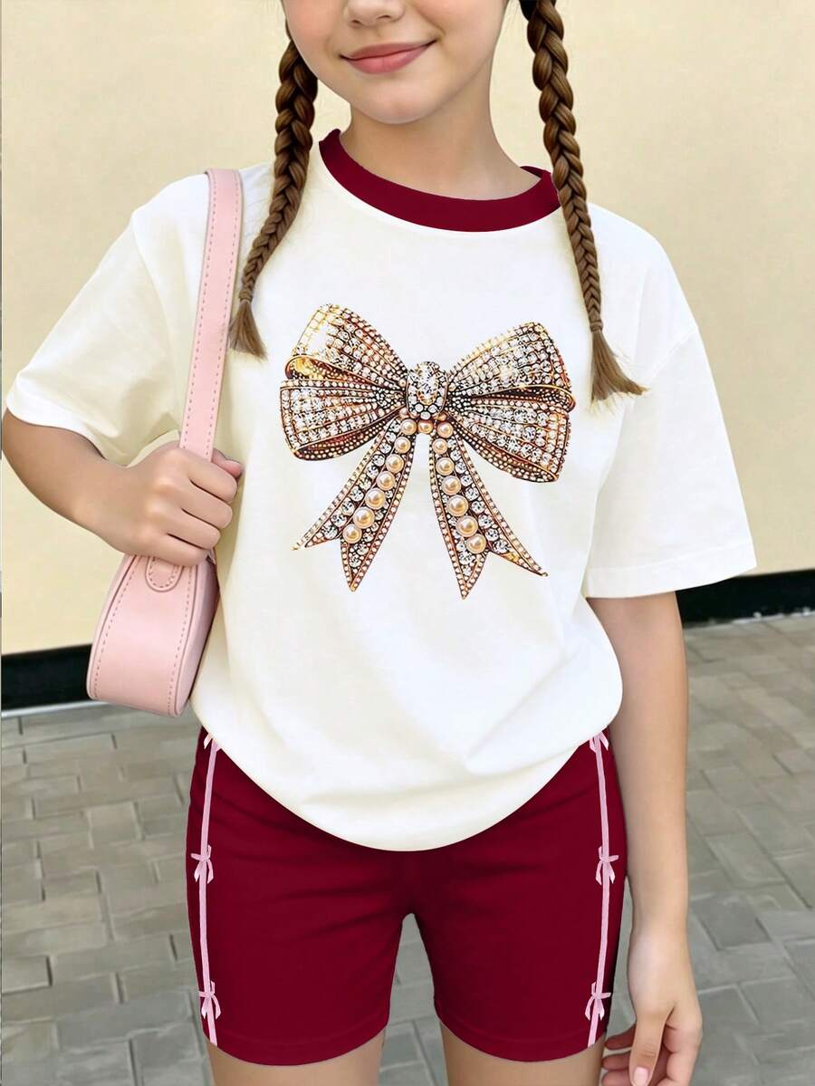 Bộ 2 món áo thun và quần short in hình nơ cho bé gái tuổi teen - Nhiều màu - Xem 1