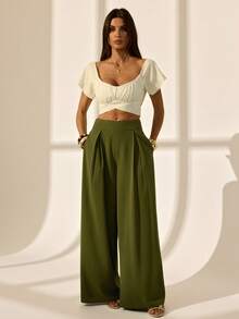 SHEIN Tall Pantalon large minimaliste de couleur unie à la mode pour navetteur, décontracté chic pour femme, bureau - Militaire verte - Voir 5
