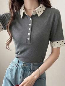 FRIFUL Women's Polka Dot Pattern Button Half Placket Short Sleeve Casual T-Shirt - Grey - View 3