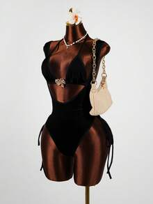 EMERY ROSE Women's Solid Color Metal Decor Hollow Design Sexy Halter Jumpsuit - Black - View 4