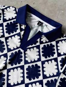 Manfinity Homme Men's Geometric Knit Polo Shirt,Navy Blue And White,Summer,Classy,Holiday,Vacation,Holiday,Short Sleeve Floral Diamond Pattern Retro Casual Tops - Multicolor - View 4