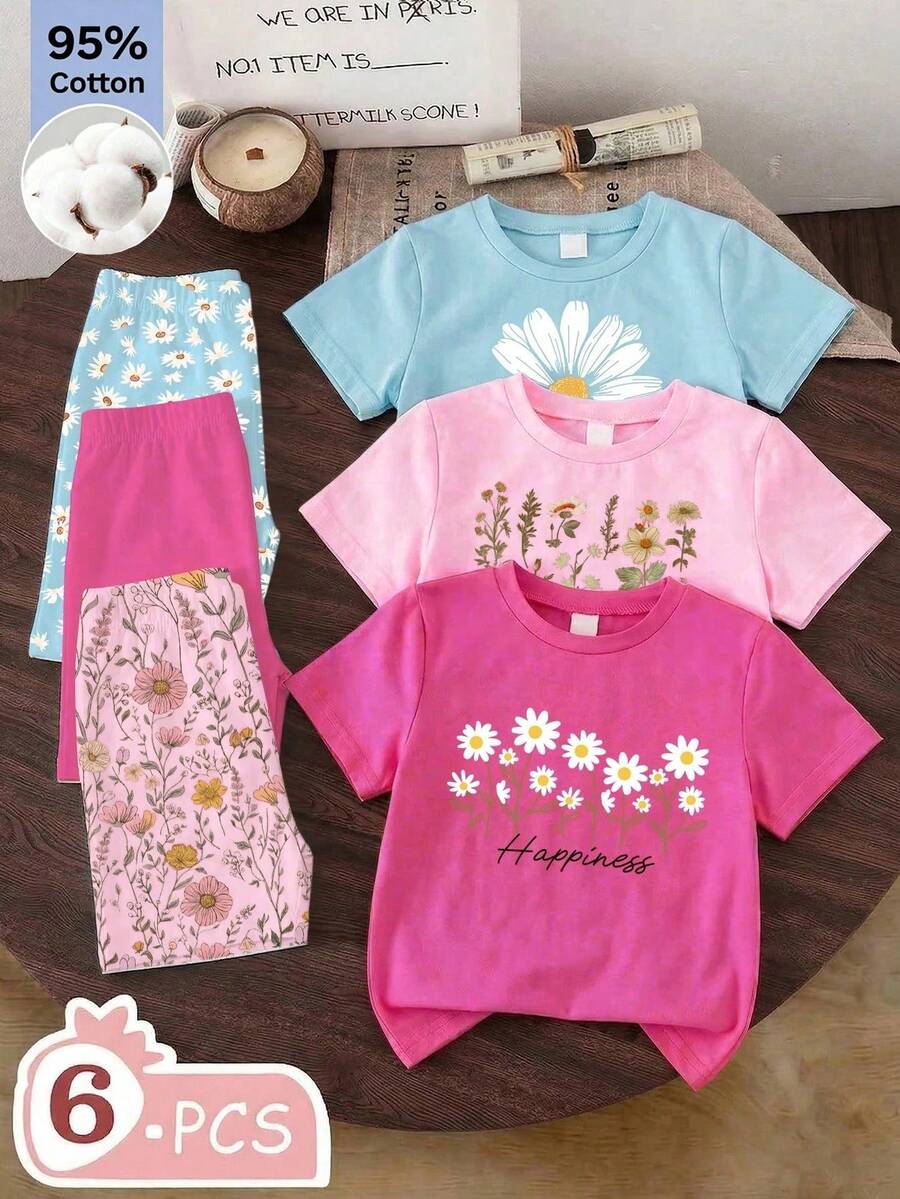 SHEIN 6pcs/Set Young Girl Light Pink Summer School Back-To-School Floral & ""Happiness"" Letter Daisy Print Matching Tee And Snug Fit Shorts Set For Sports - Multicolor - View 1