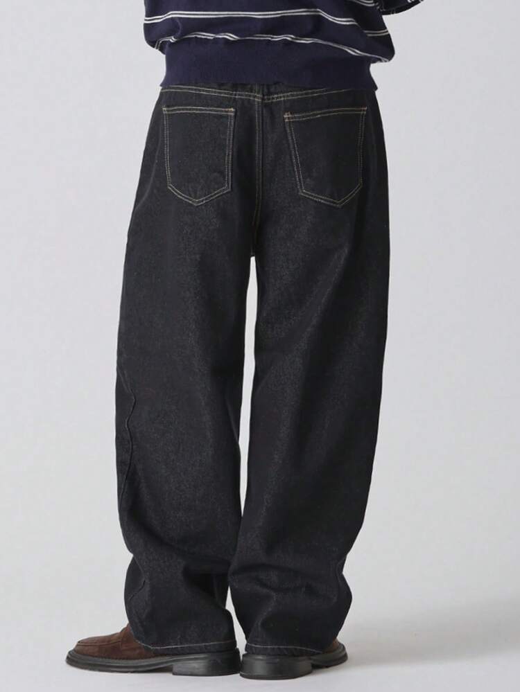 Long Distressed Navy Blue Blue Straight Leg Men's Jeans